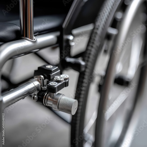 Close-up of a wheelchair's braking system, highlighting its functionality - movement close aid stop functionality