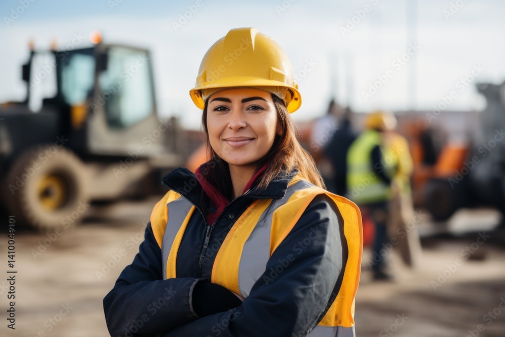 smiling female construction worker standing next to heavy machinery on a construction site smiling female construction worker standing next to heavy machinery on a construction site