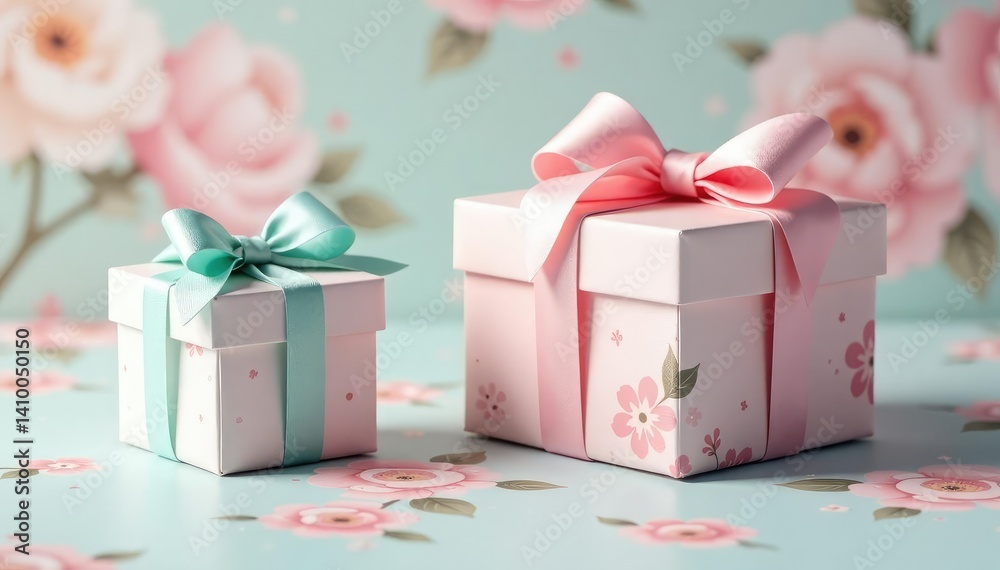 Subtle pastel gift boxes, delicate floral pattern, wrapping, soft, blossom