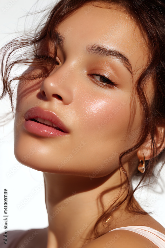 Naklejka premium Close-up beauty shot of a young woman with flawless skin, natural makeup, and soft, tousled hair.