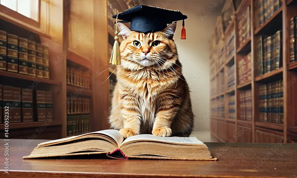 A cat in a graduation cap in a library.