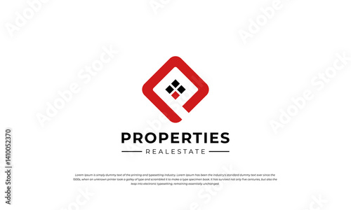 combination logo of abstract letter P, square rhombus shape, window house with red and black color theme.