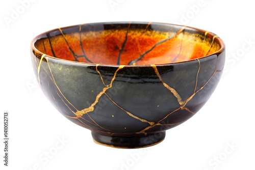 japanese kintsugi lite blue orange textured bowl isolated on transparent background 