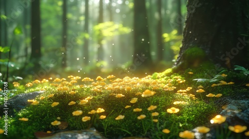 Forest floor covered in yellow flowers with sunlight streaming through the trees.