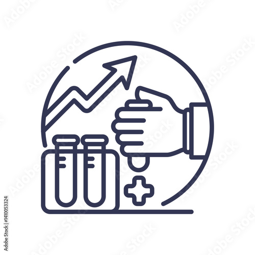 Illustration of clinical analysis with test tubes, a hand holding a dropper, and an upward arrow symbolizing progress.