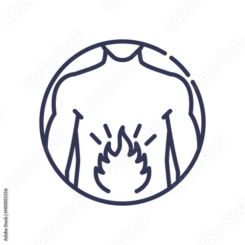 Outline of a torso with a flame symbolizing burning sensation.