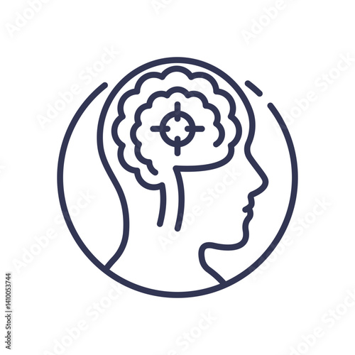 Outline of a human head with a brain and target symbol, representing focus in functional imaging.