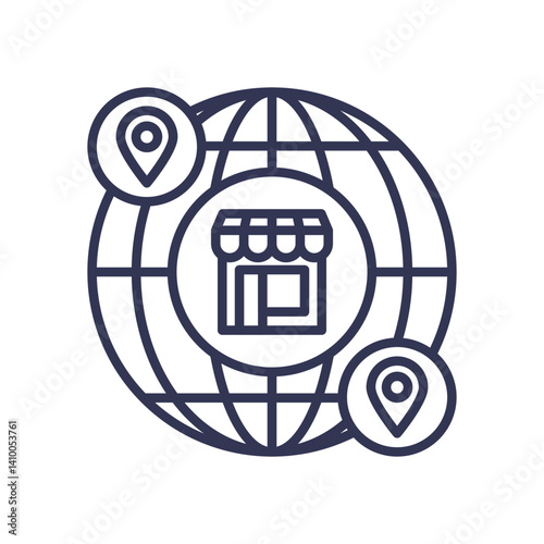 Global business concept with a globe, store icon, and location markers.
