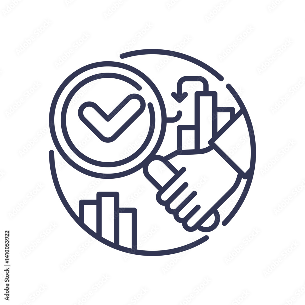 Magnifying glass with checkmark and graphs symbolizes inspection and accuracy. Magnifying glass with checkmark and graphs symbolizes inspection and accuracy.
