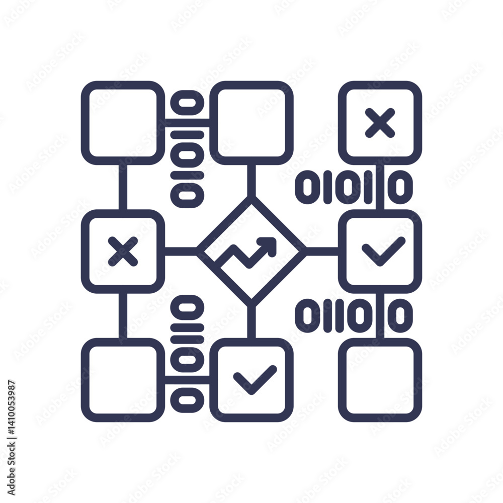Flowchart with binary code, decision nodes, and checkmarks symbolizing logical processes and strategic planning. Flowchart with binary code, decision nodes, and checkmarks symbolizing logical processes and strategic planning.