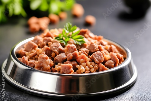 A close-up of a stainless steel bowl filled with gourmet cat food flavored with wild boar and rice. The meal looks fresh and crunchy, offering adult cats a well-rounded, nutritious meal. photo