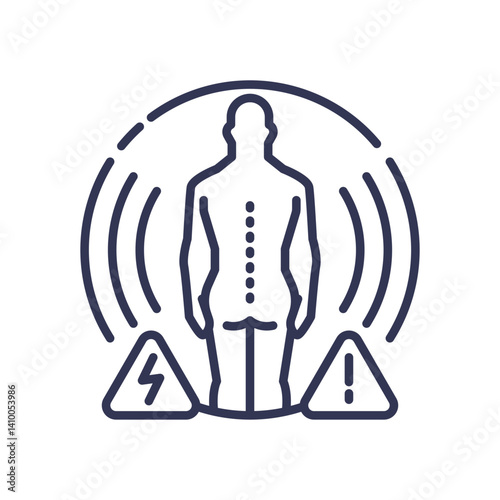 Outline of a human back with spine, warning symbols indicating lower back pain.