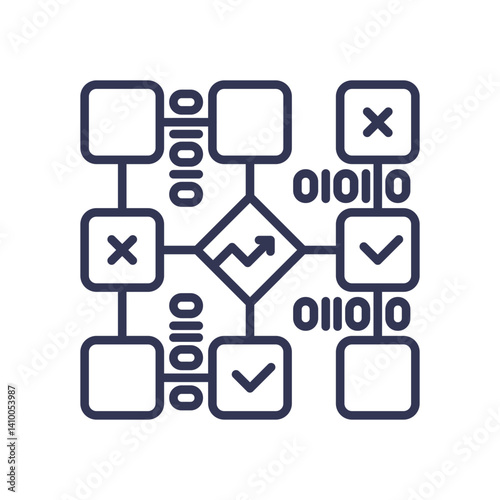 Flowchart with binary code, decision nodes, and checkmarks symbolizing logical processes and strategic planning.