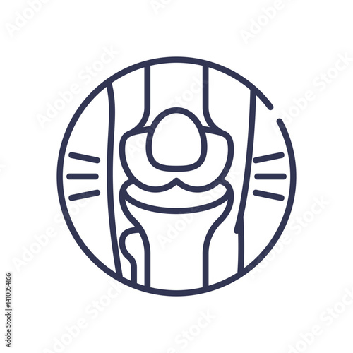 Line art of a knee joint highlighting pain and swelling.