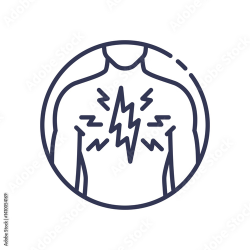 Outline of a torso with a lightning bolt symbolizing chest pain or discomfort.