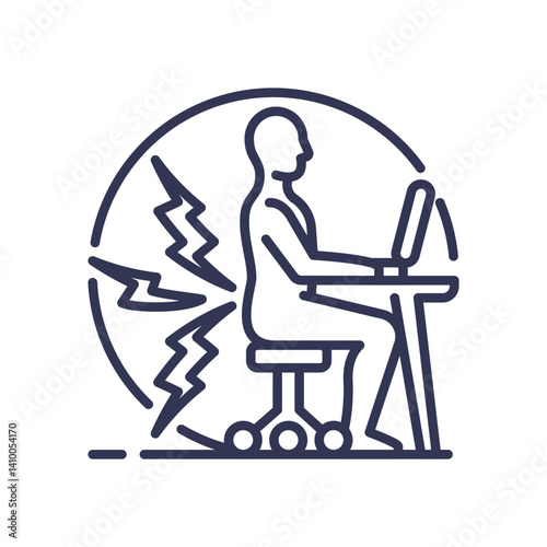 Illustration of a person sitting at a desk with back pain, symbolized by lightning bolts.