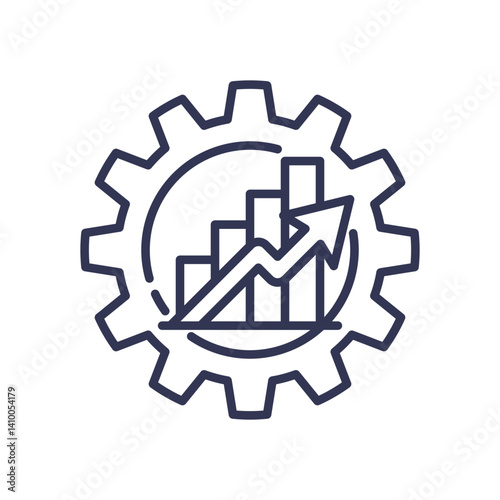 Gear with bar chart and arrow symbolizes performance metrics and growth.