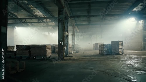 Dark Smoky Interior of an Abandoned Industrial Warehouse