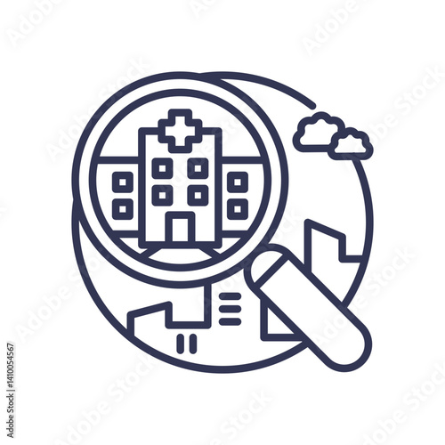 Magnifying glass over a hospital symbolizes system analysis in healthcare.