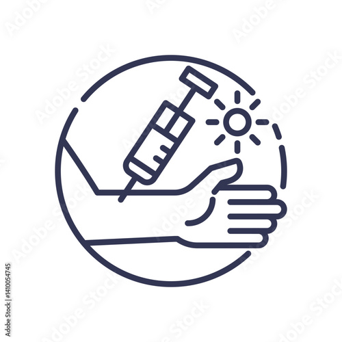 Illustration of an arm with a syringe and sun, symbolizing tracer administration.