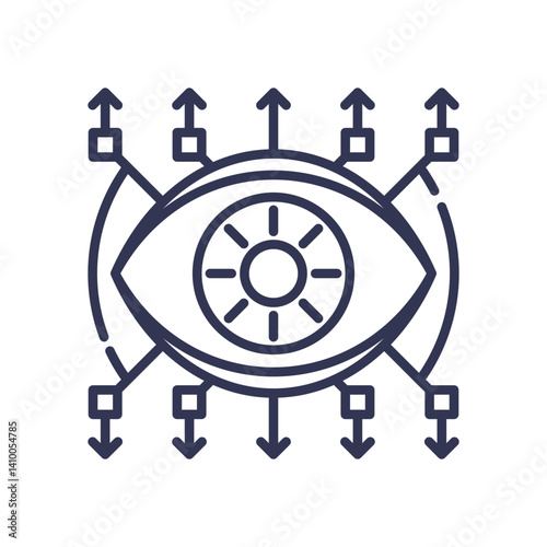 An eye with arrows symbolizes insight and data flow, representing visibility and understanding.