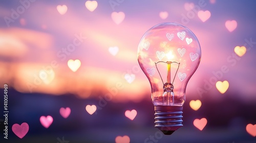 Glowing lightbulb with hearts and stars, symbolizing optimism and creativity in a bright, hopeful concept.
