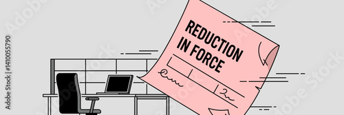 Clean line vector illustration of a pink slip falling through the air – Great for depicting corporate restructuring, workforce reductions, or HR-related content.