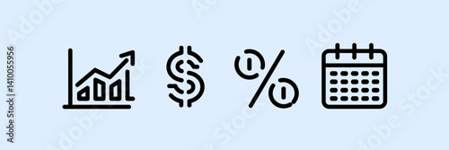 Vector illustration of economic forecast icons with rising graph, dollar sign, percentage, and calendar