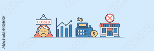 Small business crisis flat style icons with sadness, decline, and financial struggle – Ideal for economic crisis, business downturn, and financial hardship content.
