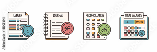 Flat vector design of accounting and bookkeeping icons including ledger, journal, reconciliation, and trial balance