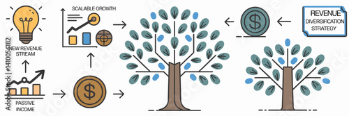 Collection of icons representing a revenue diversification strategy with lightbulb, chart, coin, and tree icons arranged in a circle