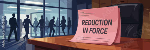 Line vector illustration of a pink slip on a polished wooden desk – Ideal for illustrating corporate layoffs, workforce reduction, or office termination themes.