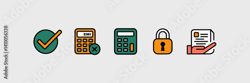 Minimal style illustration of loan and financing icons with checkmark, calculator, and collateral symbols