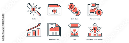 Financial icons illustrating terms like cuts, cash burn, and shrinking profit margins – Ideal for finance-related content, business branding, or financial strategy materials.