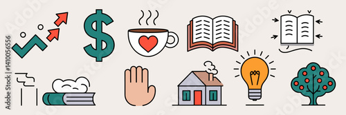 Variety of icons representing a revenue diversification strategy arranged in a circular pattern with dollar sign, coffee cup, book, lightbulb, and more