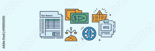 Outline icons related to taxation and accounting with tax return, deductions, and audit symbols – Great for financial services, tax consulting, or accounting industry content.