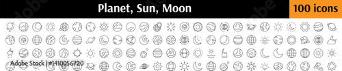 Pack of Cosmos Related Line Icons. Planet, Sun, Moon Outline Signs for Graphic and Web Design, Apps, Adverts, Various Cards