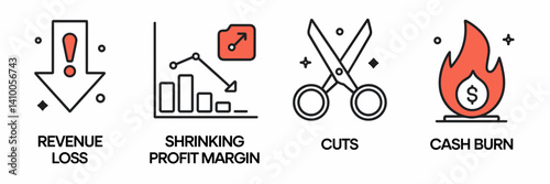 Outline vector icons representing revenue loss, shrinking profit margin, and cash burn