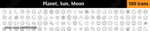 Cosmos Line Icon Set. Planet, Sun, Moon Outline Signs for Graphic and Web Design, Apps, Adverts, Various Cards