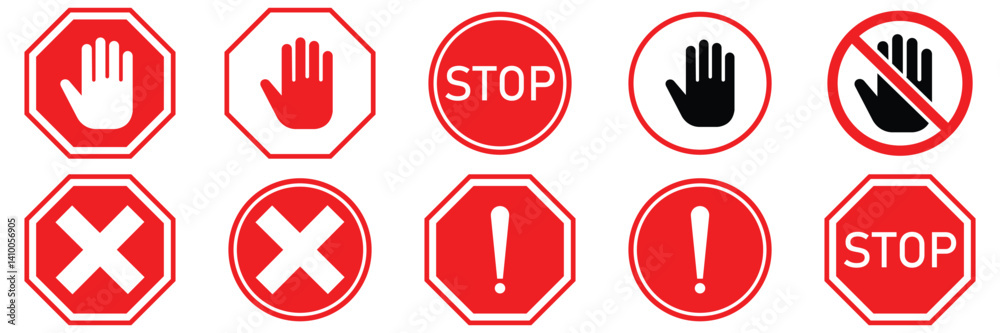 Set stop red sign icon with white hand, do not enter. Warning stop sign stock of vector illustration.
