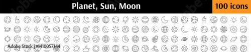Cosmos Line Icon Bundle. Planet, Sun, Moon Outline Signs for Graphic and Web Design, Apps, Adverts, Various Cards