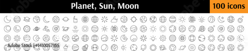 Cosmos Line Icon Pack. Planet, Sun, Moon Outline Signs for Graphic and Web Design, Apps, Adverts, Various Cards