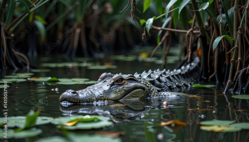 Obraz premium Spectacular Close up of a Crocodile Submerged in a Tropical Swamp Lily Pads Mangrove Roots