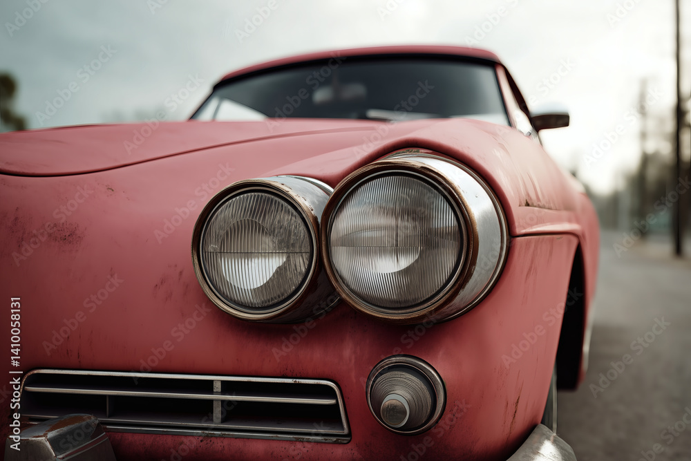 Fototapeta premium Vintage pink car front with distinct headlight design and weathered paint, emphasizing classic aesthetic