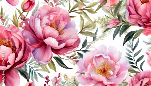 Delicate pink and purple peony flowers blooming across white botanical background