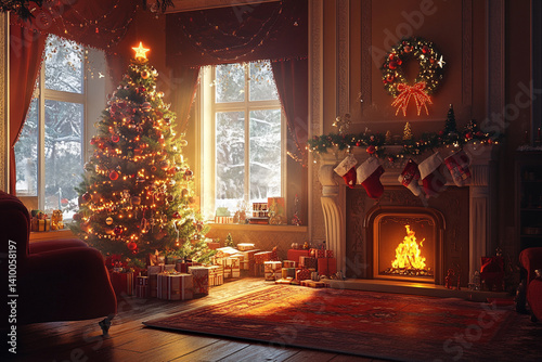 Cozy Christmas Living Room with a Decorated Tree and Warm Holiday Ambiance. photo