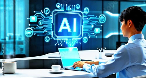 Man typing in laptop and AI technology agent circuit board appear in holographic thin air, AI icon digital technology, Operating system, artificial intelligence futuristic display screen security