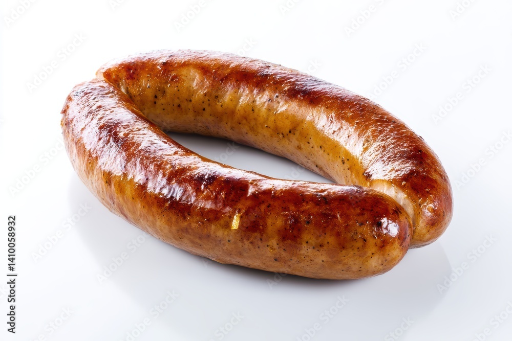 Delicious juicy sausage on white surface showcasing preparation and taste featuring flavorful culinary perfection Delicious juicy sausage on white surface showcasing preparation and taste featuring flavorful culinary perfection