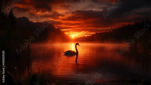 Silhouette of a swan on a lake at fiery sunset. photo