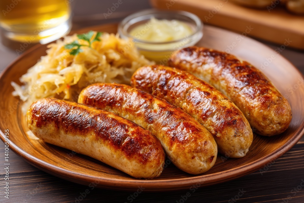 Grilled sausages with cabbage and mustard on a wooden plate capturing a tasty meal close up shot for food blog Grilled sausages with cabbage and mustard on a wooden plate capturing a tasty meal close up shot for food blog